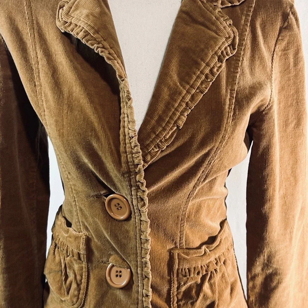 BKE Outerwear Brown Corduroy Ruffle Trim Blazer Jacket Womens Medium RN 107829 - Picture 3 of 8